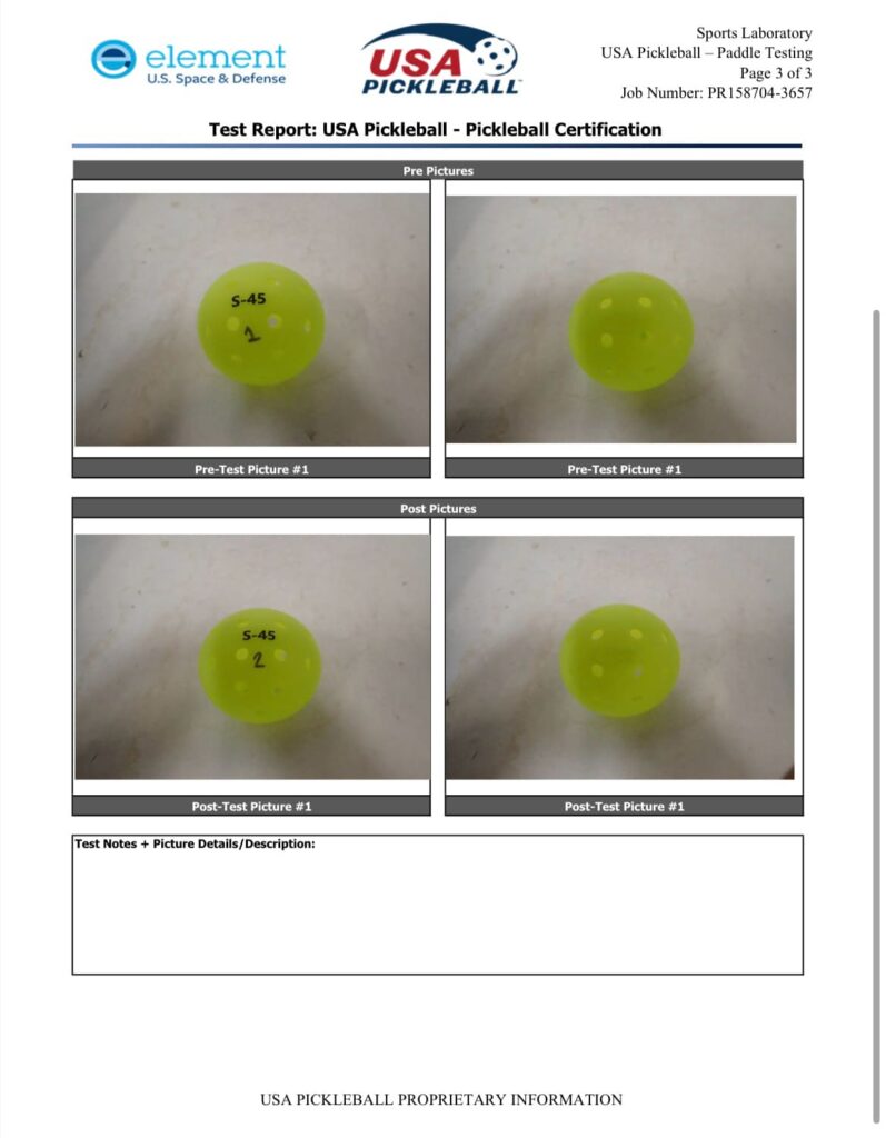 Official USA Pickleball certification test report issued by Element U.S. Space & Defense for O’BON pickleball balls, confirming compliance with USAPA performance standards