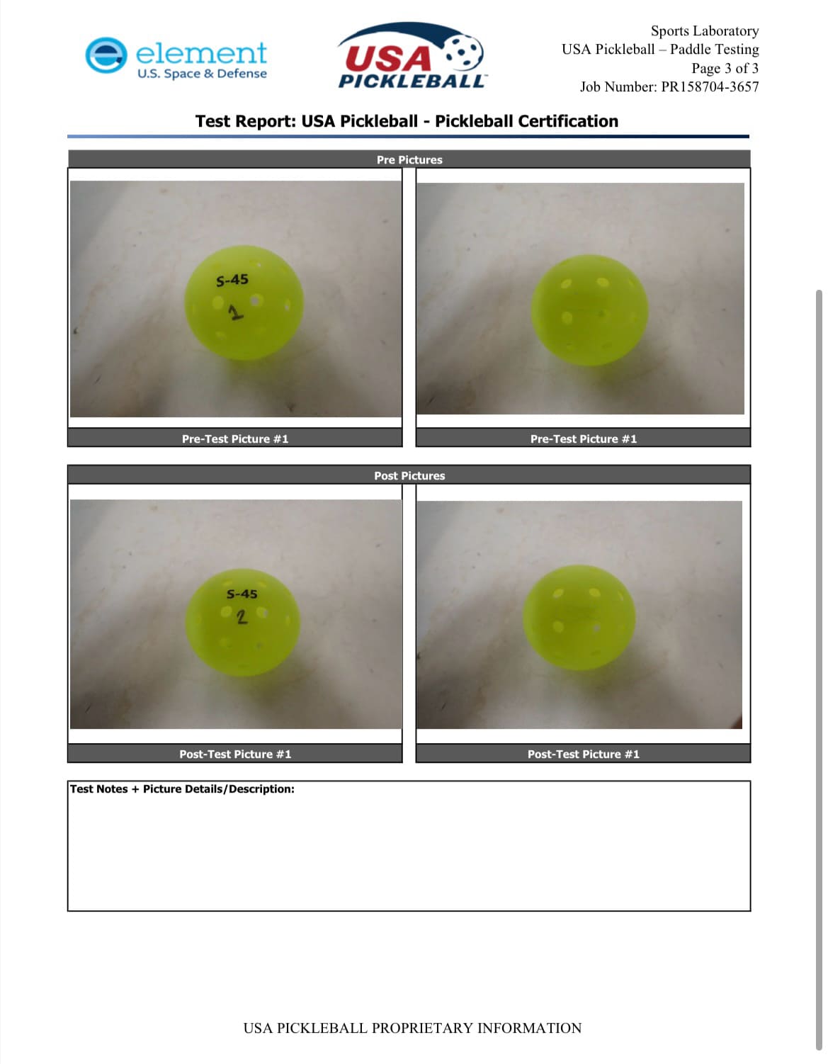 Official USA Pickleball certification test report issued by Element U.S. Space & Defense for O’BON pickleball balls, confirming compliance with USAPA performance standards