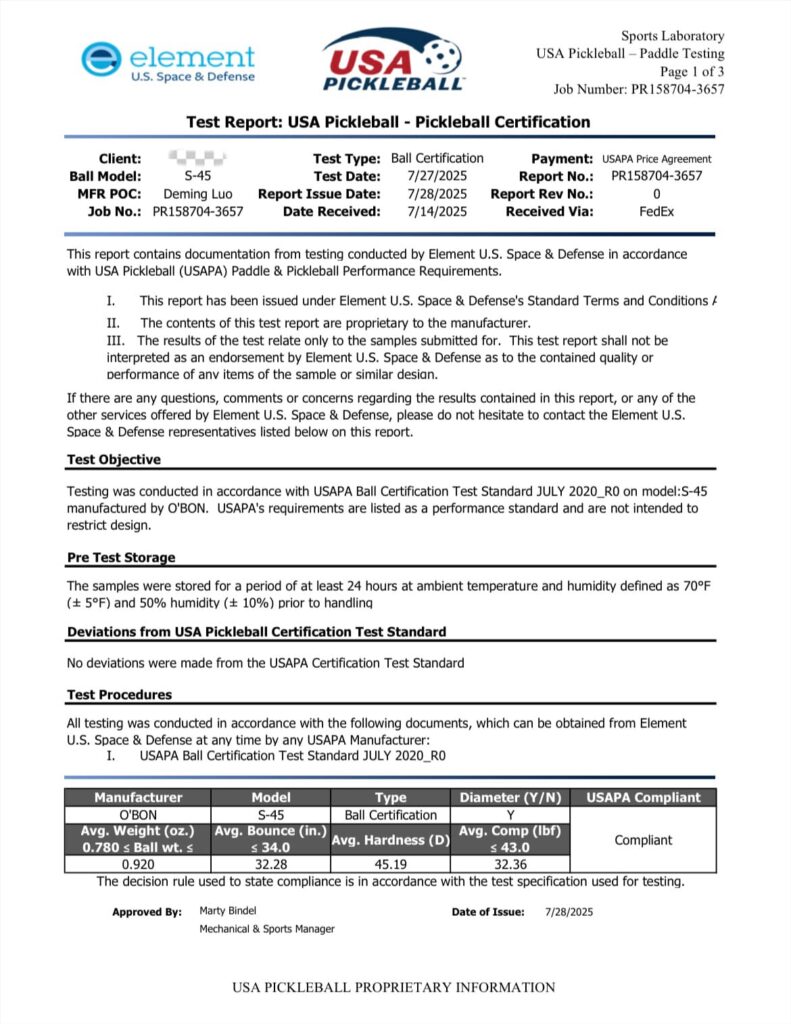 Official USA Pickleball certification test report issued by Element U.S. Space & Defense for pickleball balls, confirming compliance with USAPA performance standards
