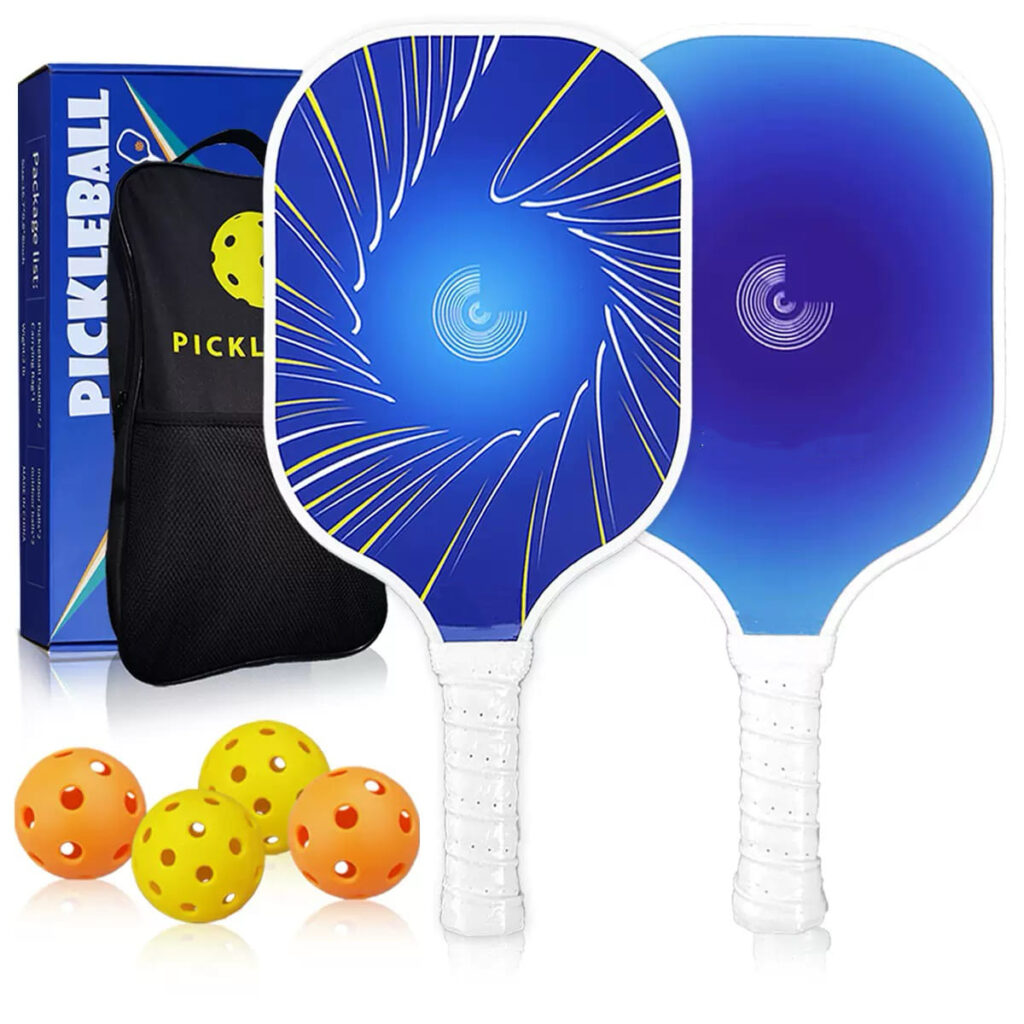 Complete pickleball paddle set including two blue paddles, outdoor pickleballs, carrying bag, and packaging box, ideal for beginners and family play