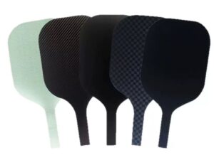 Different pickleball paddle face materials comparison, including fiberglass, carbon fiber, matte carbon surface, and 3K woven texture, showcasing material options for custom manufacturing