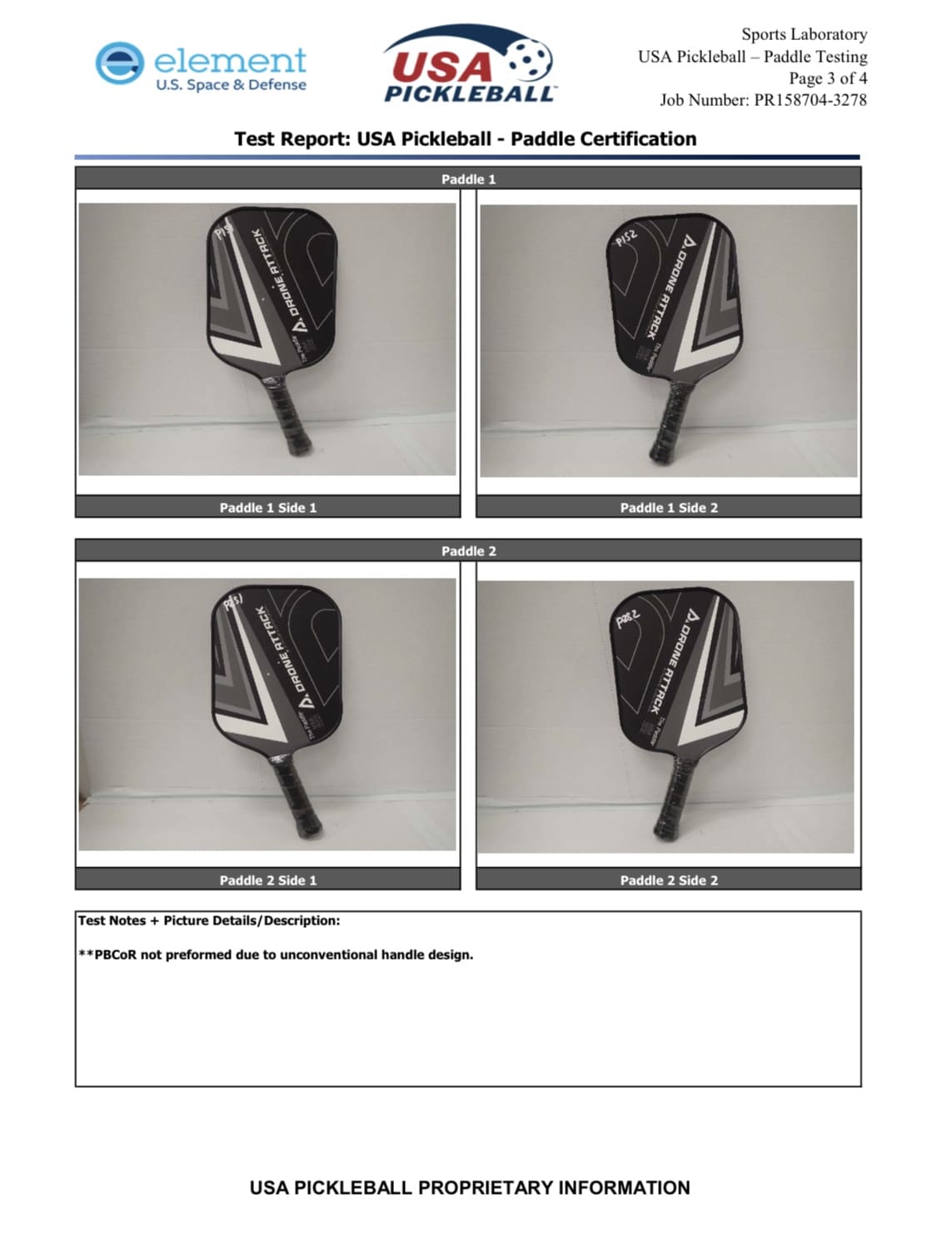 Official USA Pickleball certification test report issued by Element U.S. Space & Defense for O’BON pickleball balls, confirming compliance with USAPA performance standards