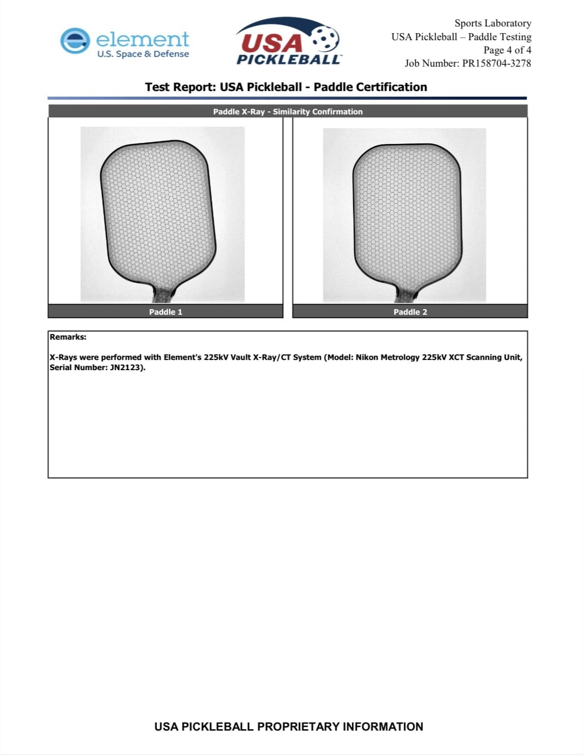 Official USA Pickleball certification test report issued by Element U.S. Space & Defense for O’BON pickleball balls, confirming compliance with USAPA performance standards