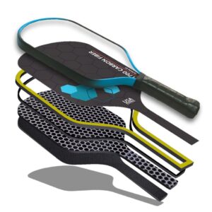 Exploded structural diagram of a thermoformed pickleball paddle showing multi-layer construction, including T700 carbon fiber face, honeycomb core, edge foam, and unibody frame for maximum power, spin, and durability