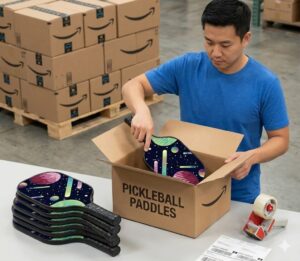 Packing pickleball paddles into cartons for shipment, preparing finished orders for delivery to customer-designated destinations from the factory.preparing finished orders for delivery to customer-designated destinations from the factory.