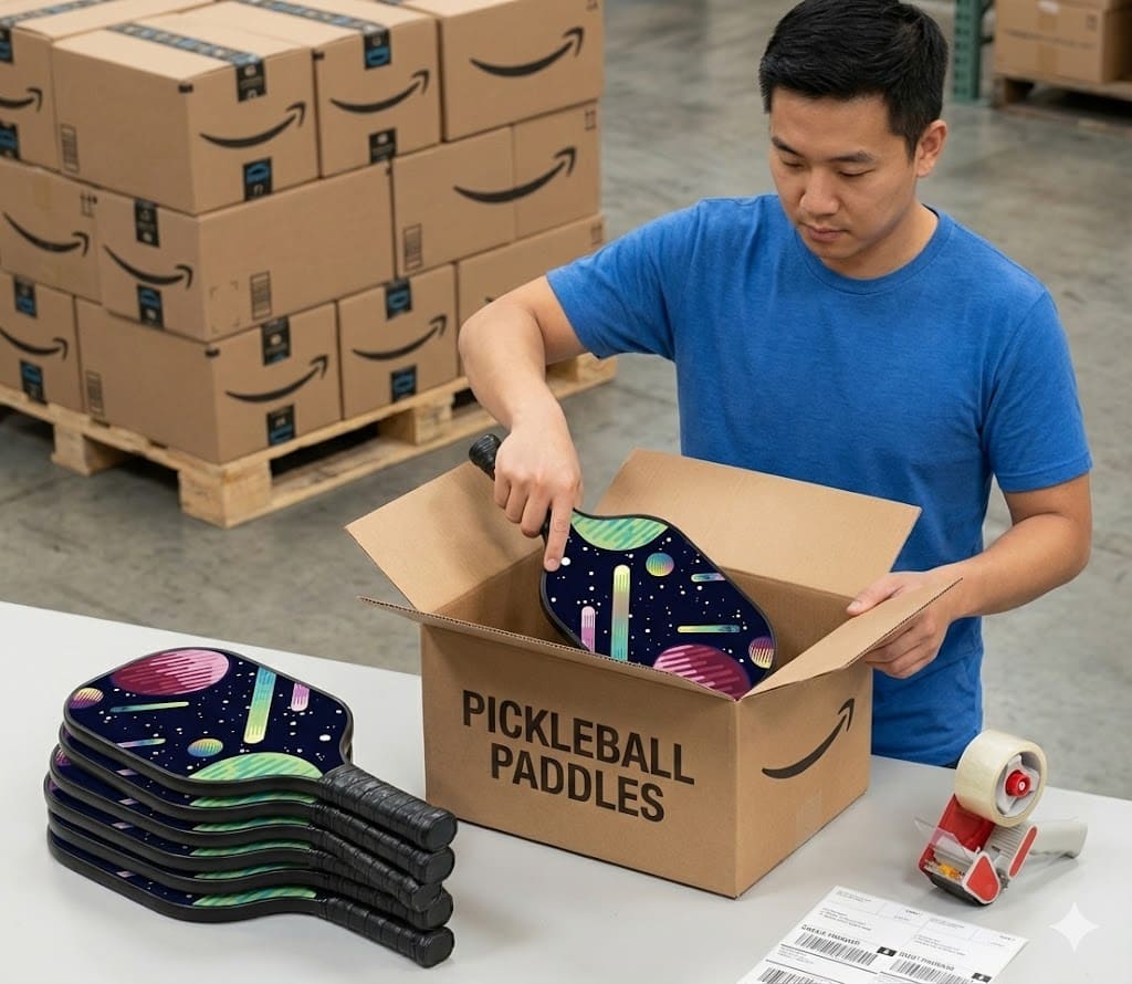 Packing pickleball paddles into cartons for shipment, preparing finished orders for delivery to customer-designated destinations from the factory.preparing finished orders for delivery to customer-designated destinations from the factory.