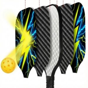 Cold-press PP honeycomb pickleball paddle exploded view showing layered structure with printed face, carbon surface, PP core, and durable edge guard for balanced control and power.