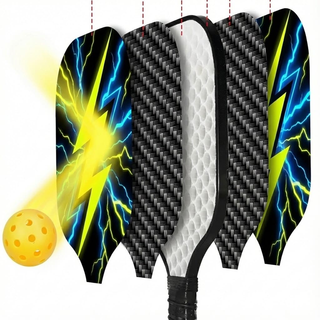 Cold-press PP honeycomb pickleball paddle exploded view showing layered structure with printed face, carbon surface, PP core, and durable edge guard for balanced control and power.