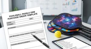Pickleball paddle OEM purchase order template with custom paddles and QC checklist, illustrating professional procurement, quality control standards, and factory manufacturing workflow